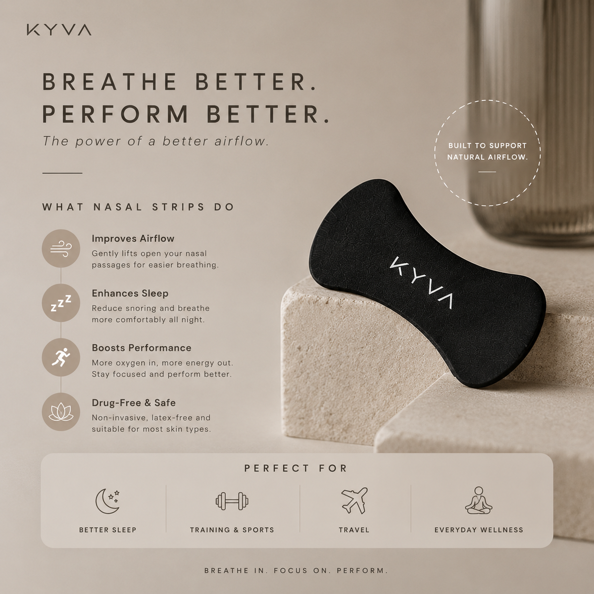 What KYVA nasal strips do: improved airflow, better sleep, performance, drug free